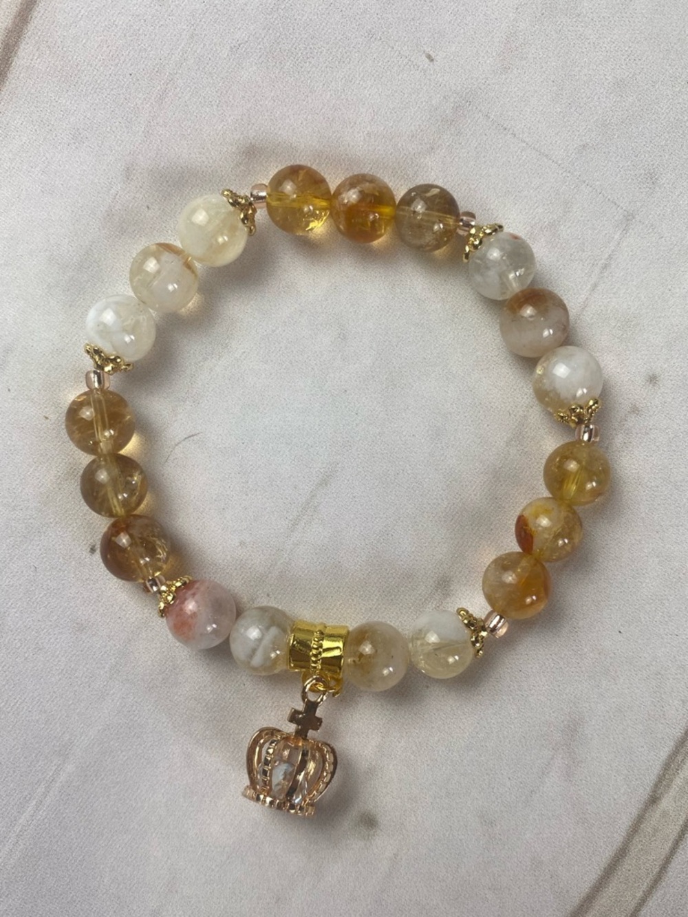 Gold Crown Charm Beaded Stretch Bracelet - Citrine and Milky Citrine